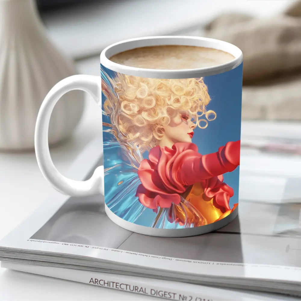 Curly Blonde Woman Red Dress Blue Sky – Mugs