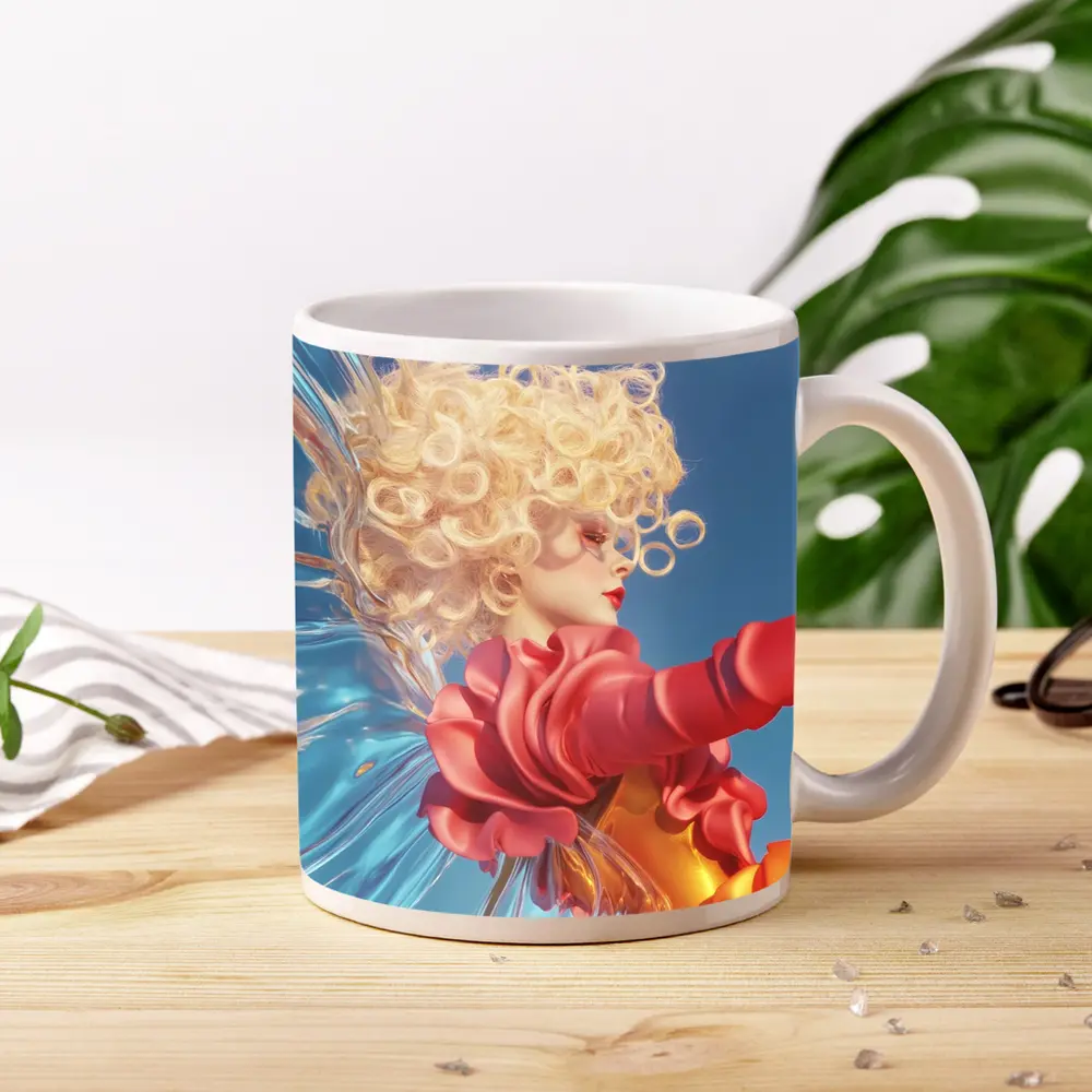 Curly Blonde Woman Red Dress Blue Sky – Mugs