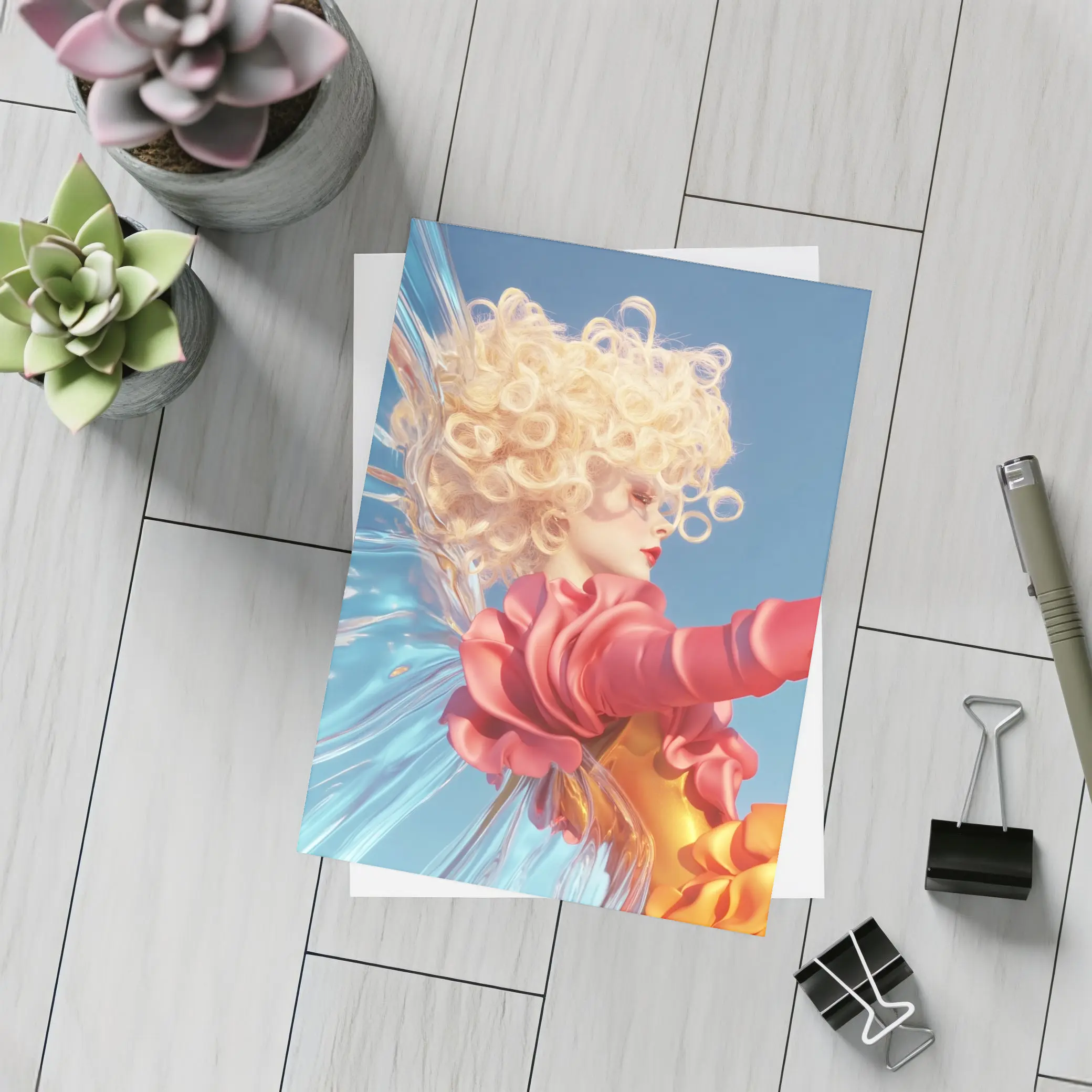 Curly Blonde Woman Red Dress Blue Sky – Postcards