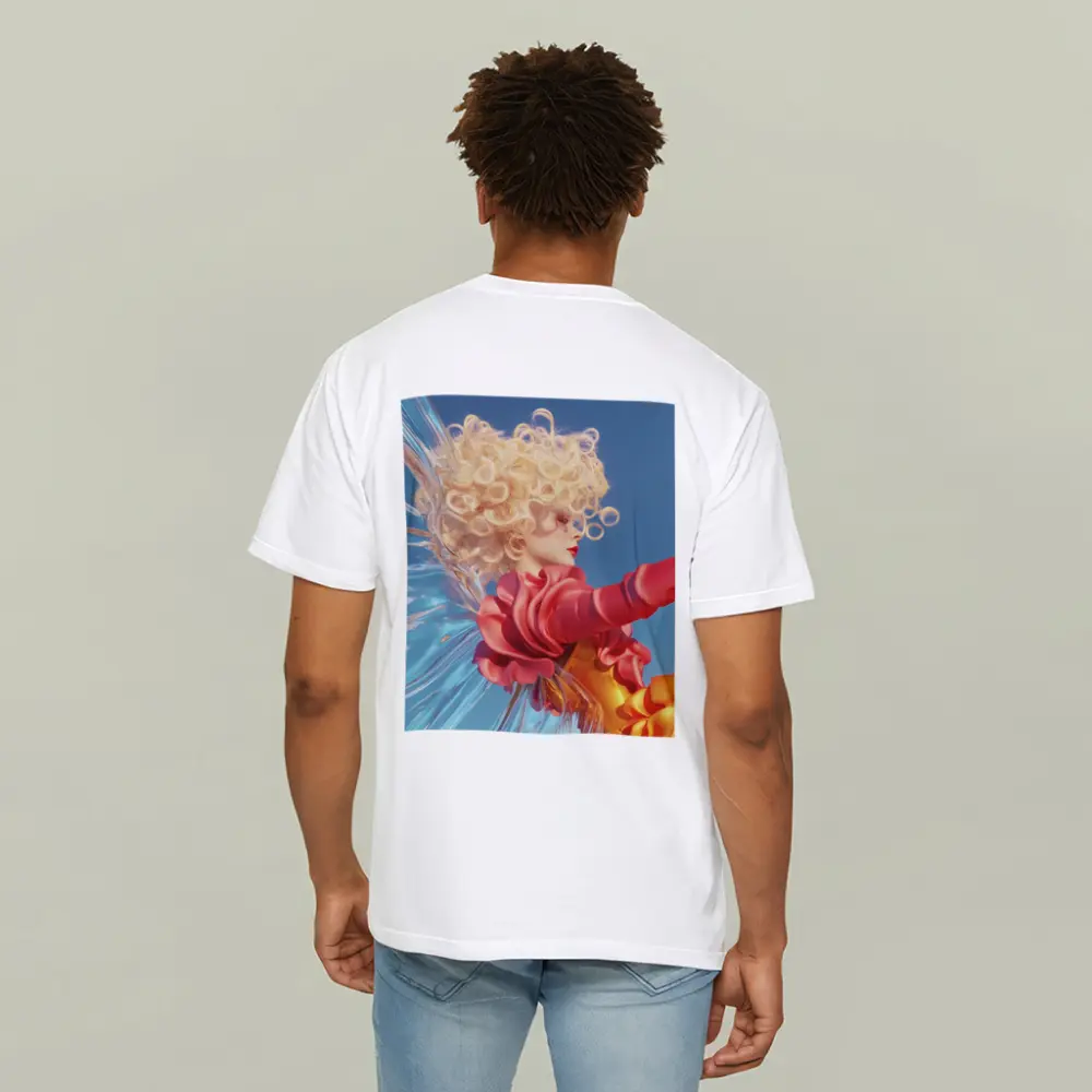 Curly Blonde Woman Red Dress Blue Sky – T-Shirts