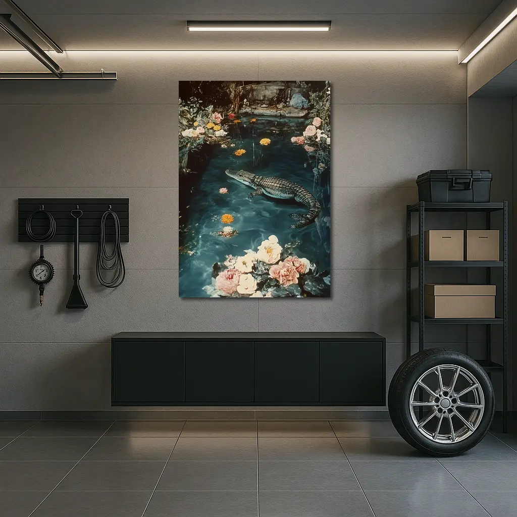 Crocodile Floating Among Roses Floral Water – Wall Art