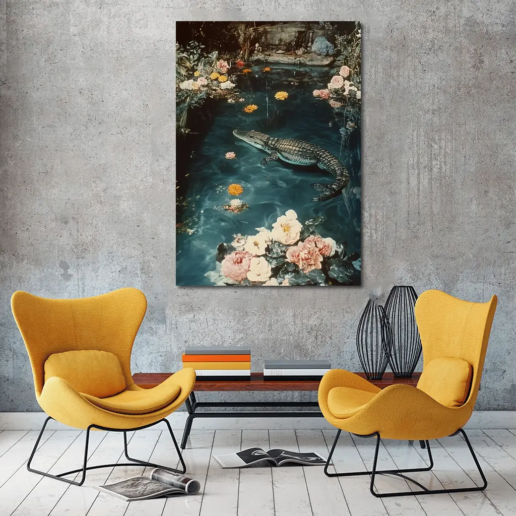 Crocodile Floating Among Roses Floral Water – Wall Art