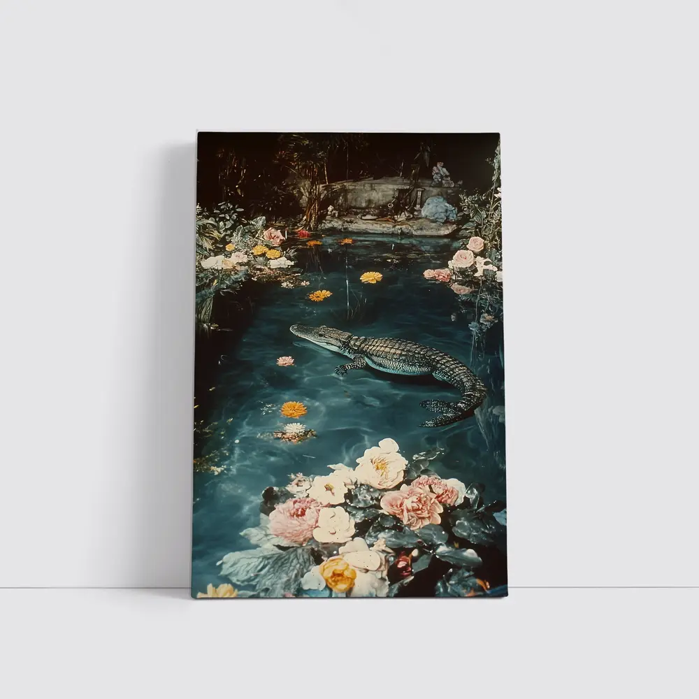 Crocodile Floating Among Roses Floral Water – Wall Art