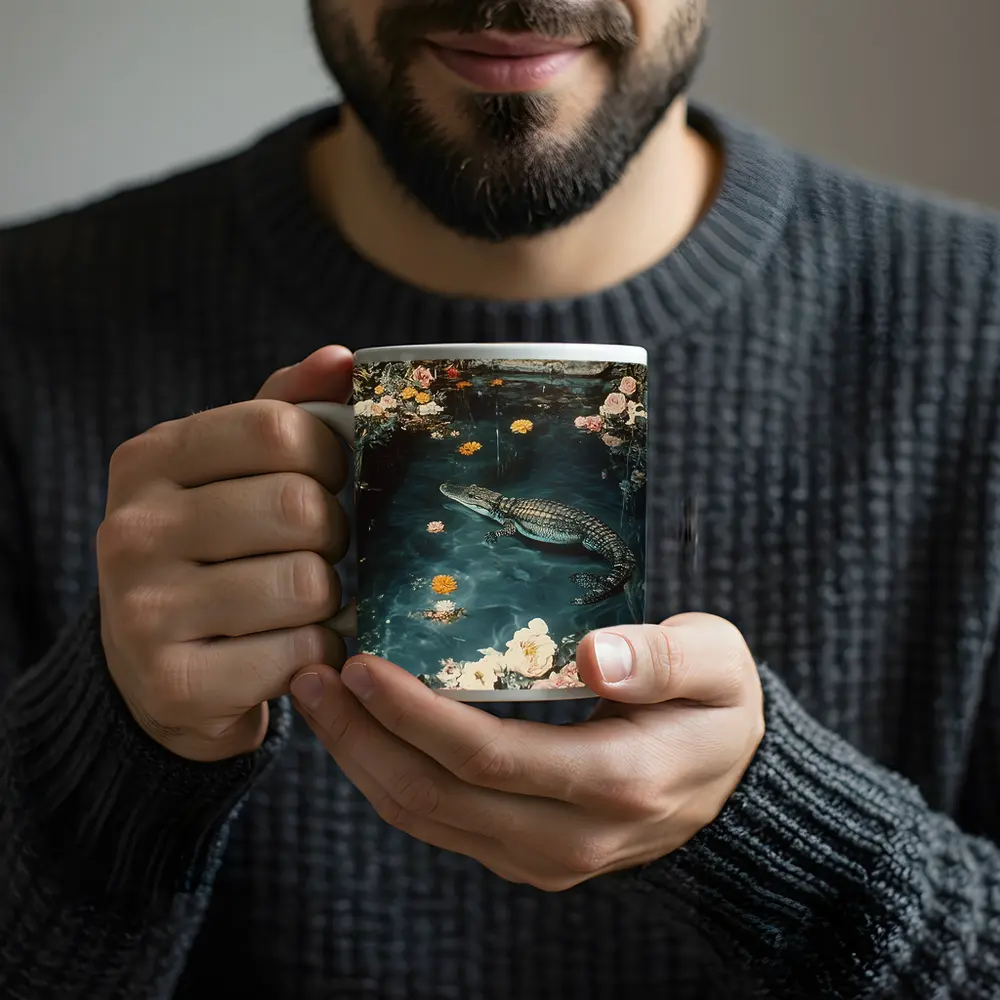 Crocodile Floating Among Roses Floral Water – Mugs