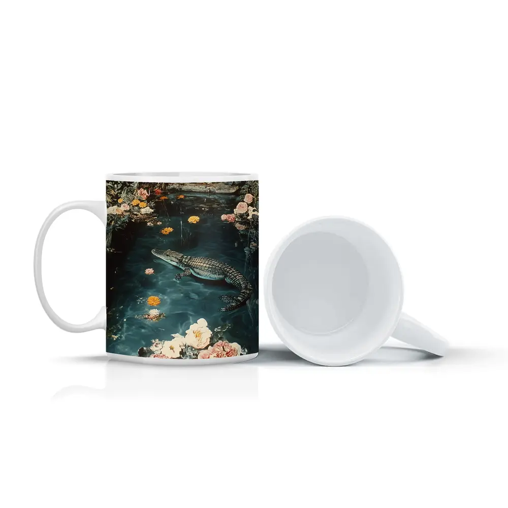 Crocodile Floating Among Roses Floral Water – Mugs