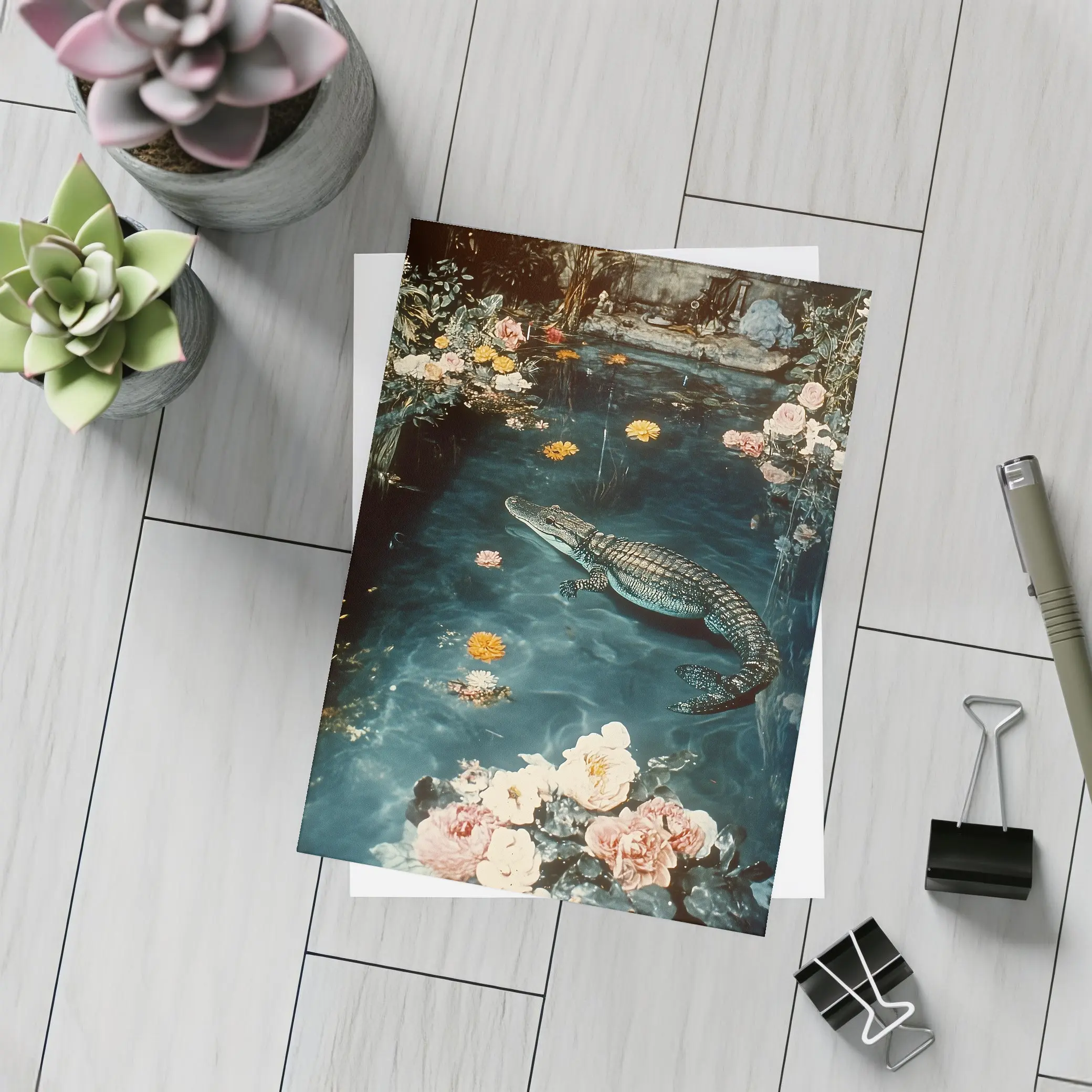 Crocodile Floating Among Roses Floral Water – Postcards