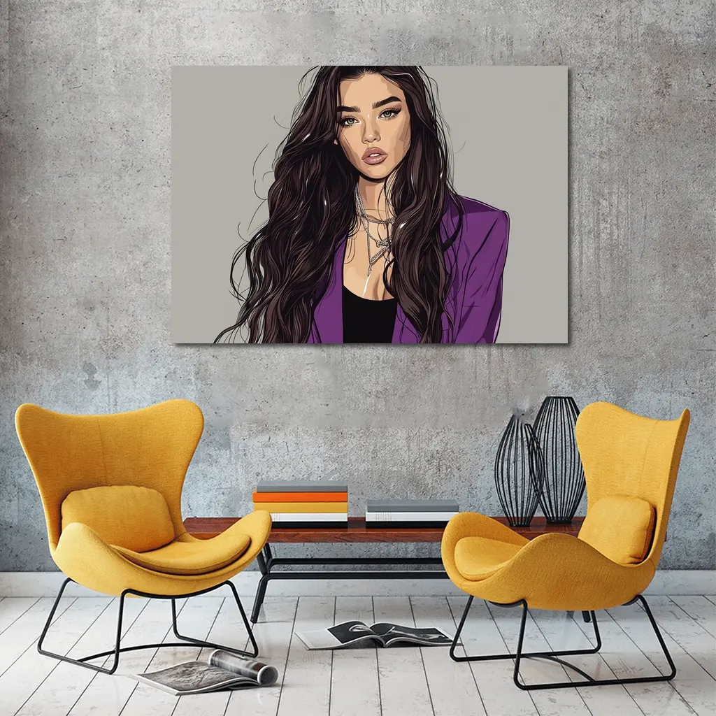 Fashion Girl Illustration Purple Blazer Gray Background – Wall Art