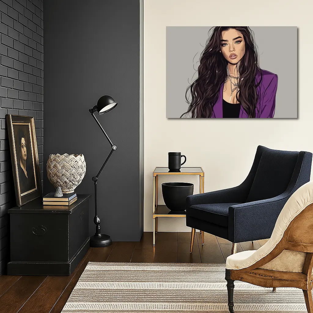 Fashion Girl Illustration Purple Blazer Gray Background – Wall Art