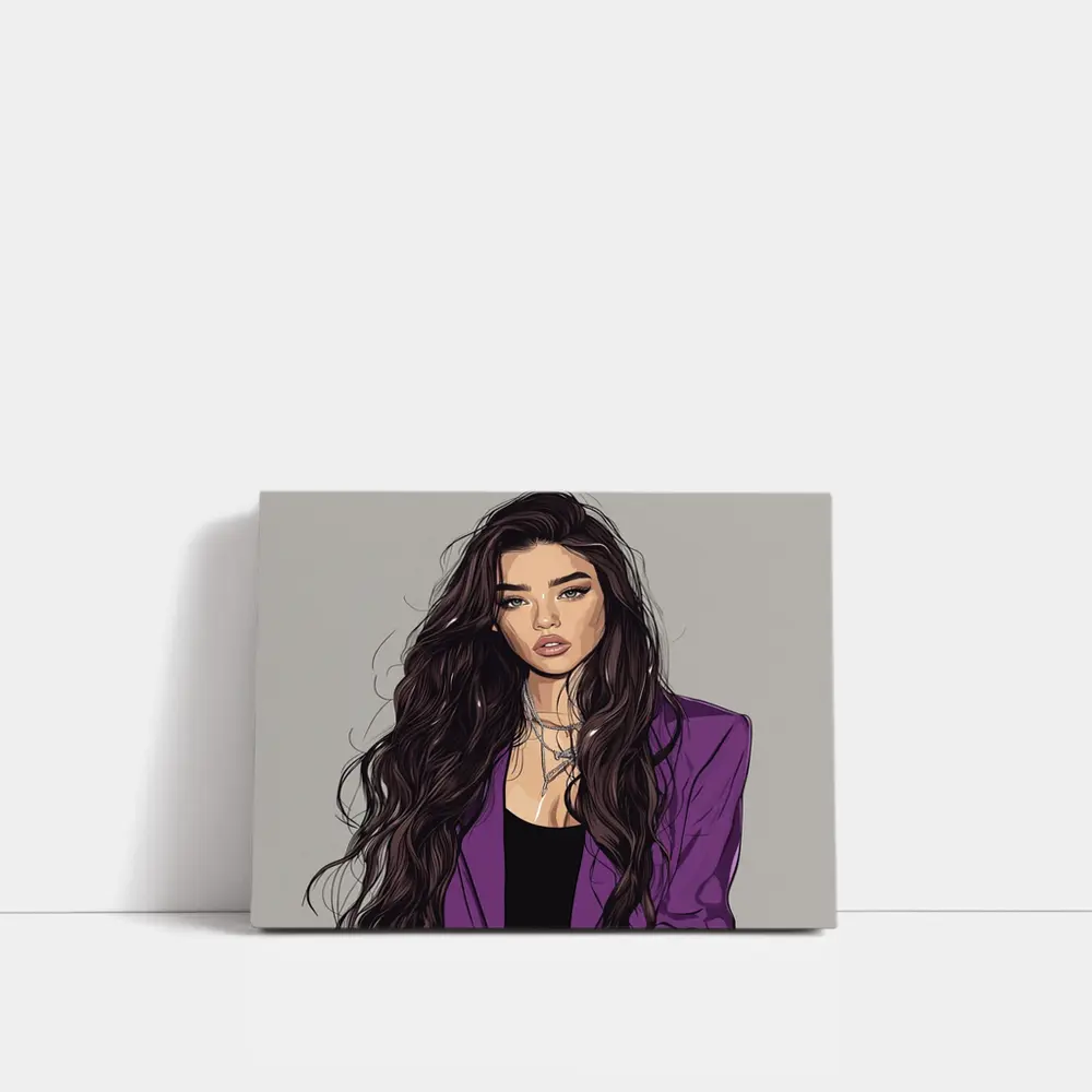 Fashion Girl Illustration Purple Blazer Gray Background – Wall Art