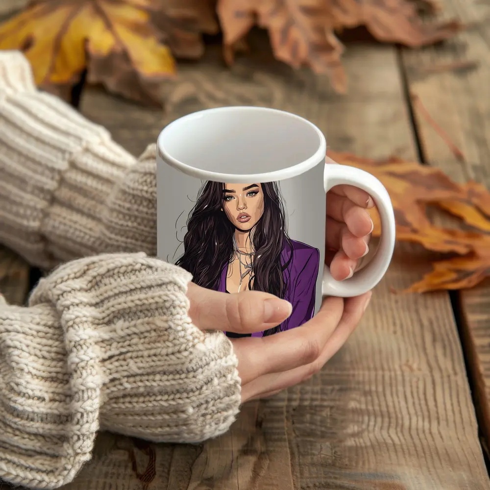 Fashion Girl Illustration Purple Blazer Gray Background – Mugs