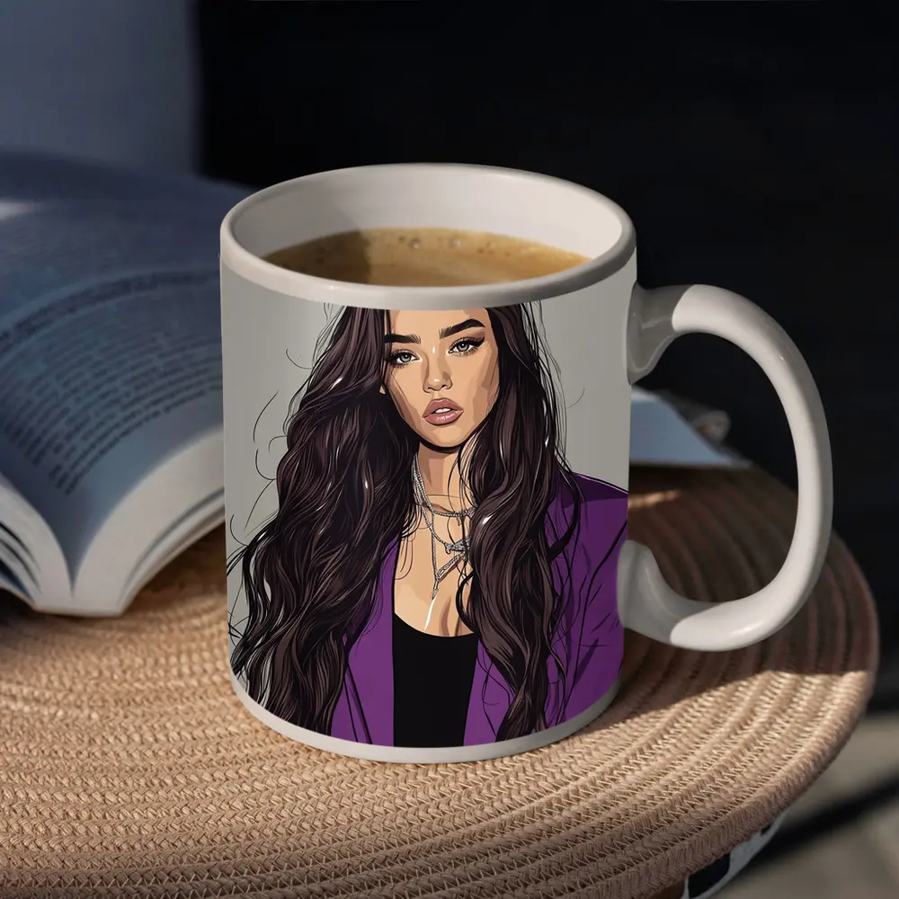 Fashion Girl Illustration Purple Blazer Gray Background – Mugs