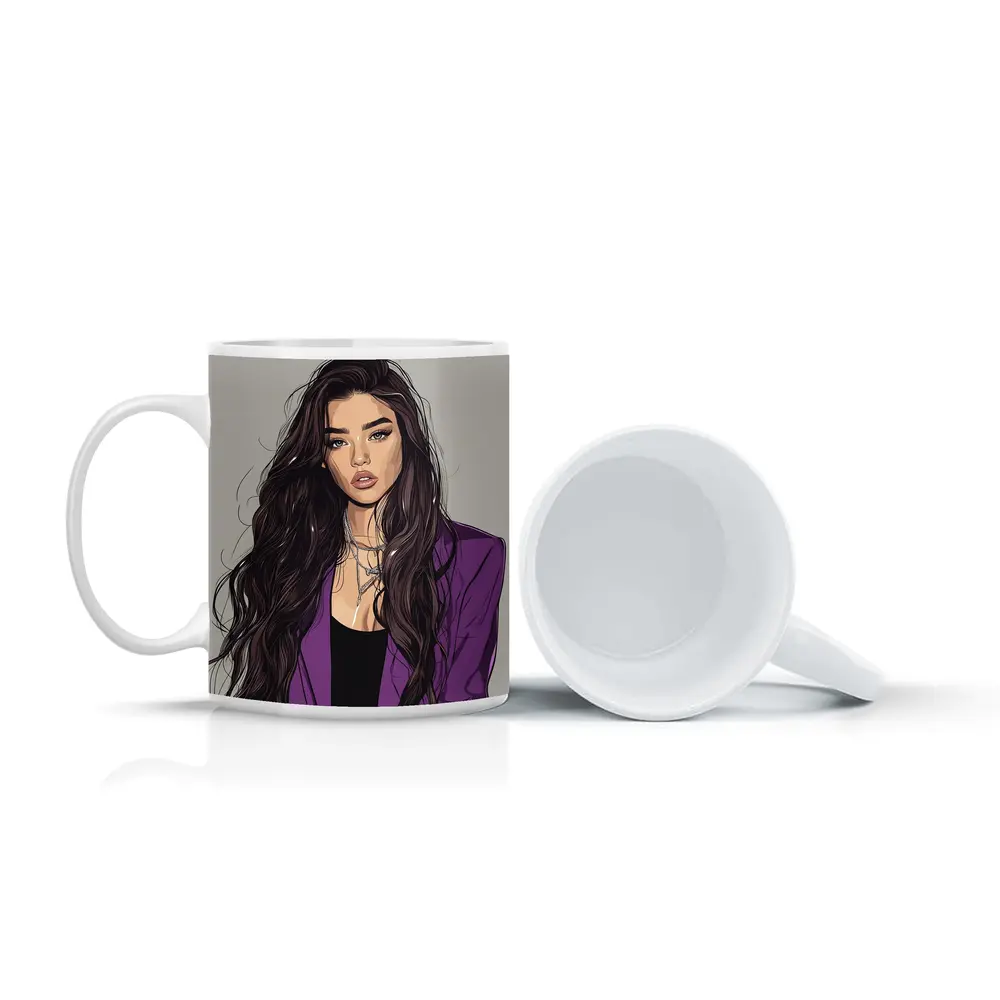 Fashion Girl Illustration Purple Blazer Gray Background – Mugs