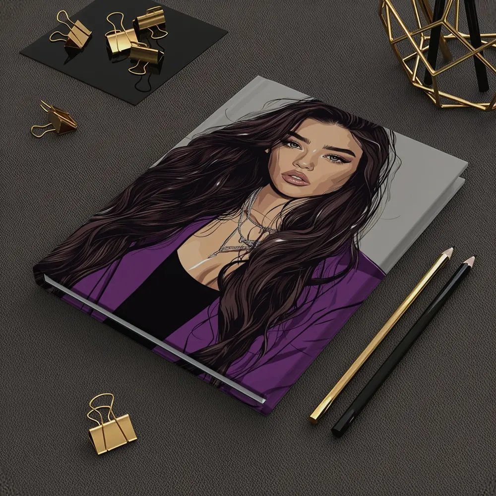 Fashion Girl Illustration Purple Blazer Gray Background – Notebooks