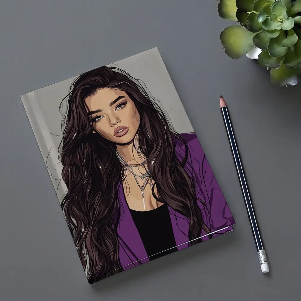Fashion Girl Illustration Purple Blazer Gray Background – Notebooks