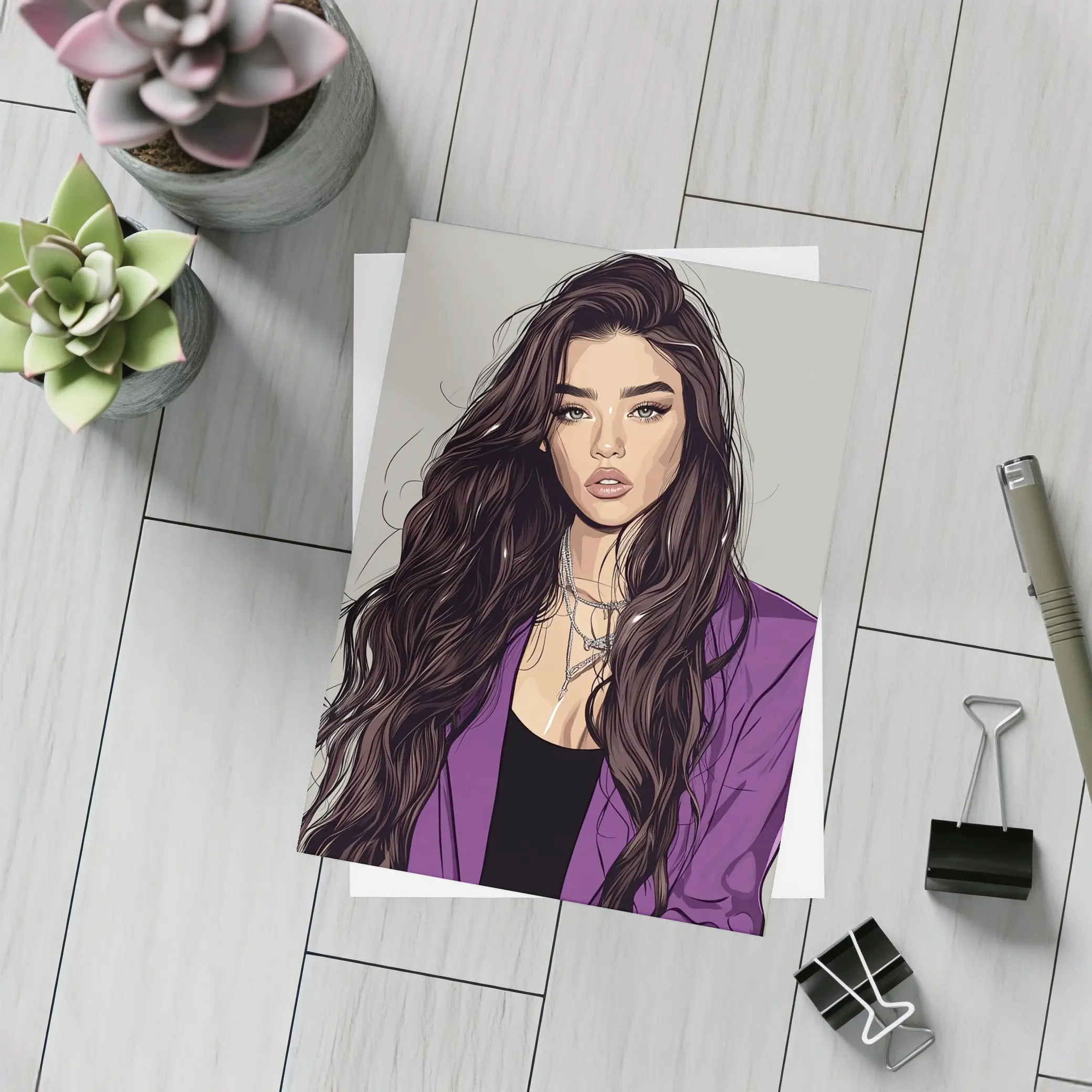Fashion Girl Illustration Purple Blazer Gray Background – Postcards