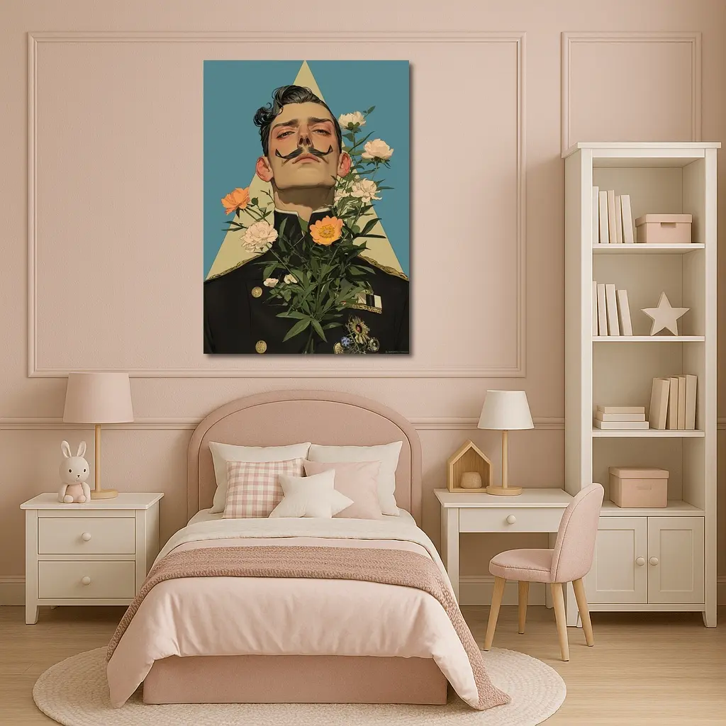 Military Officer Portrait With Flowers Illustration – Wall Art