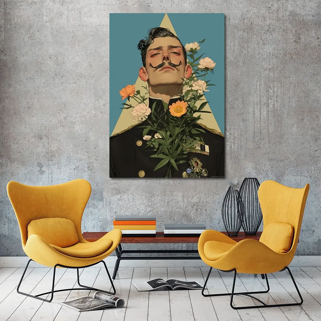 Military Officer Portrait With Flowers Illustration – Wall Art