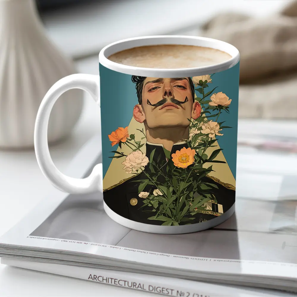 Military Officer Portrait With Flowers Illustration – Mugs