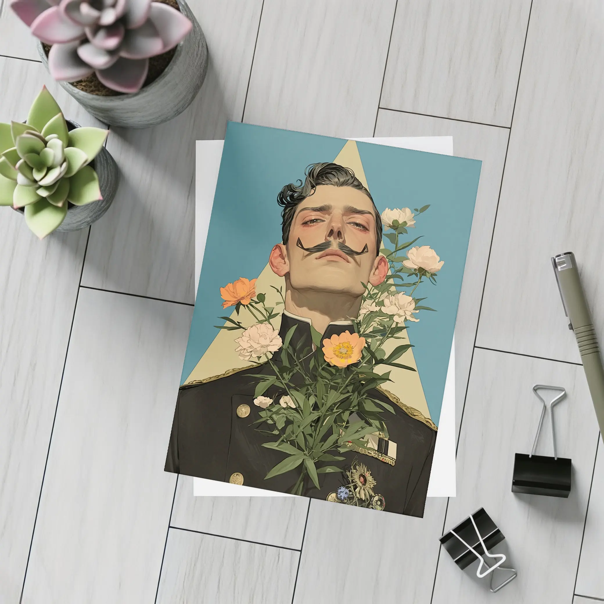 Military Officer Portrait With Flowers Illustration – Postcards