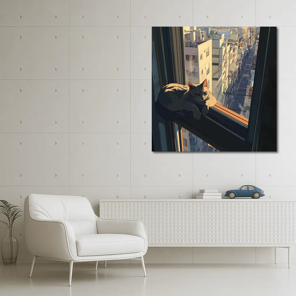 Cat Sitting On Window Sill City View – Wall Art