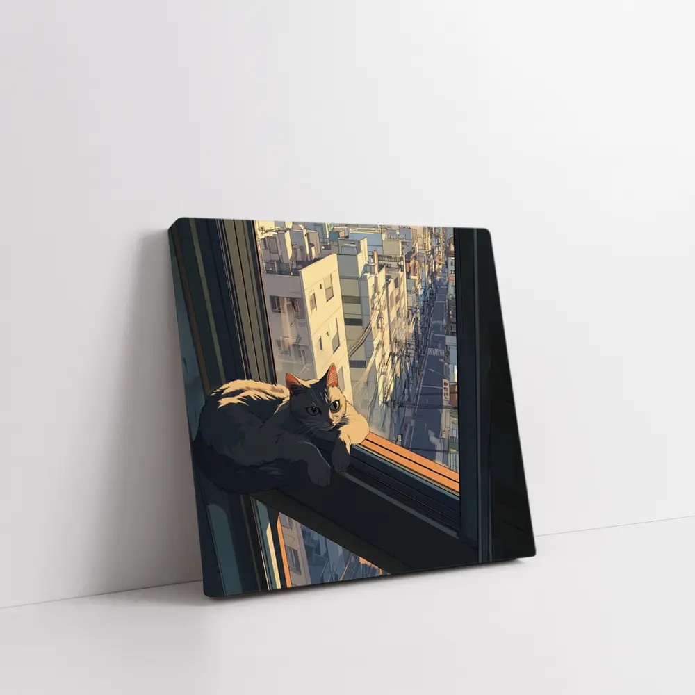 Cat Sitting On Window Sill City View – Wall Art