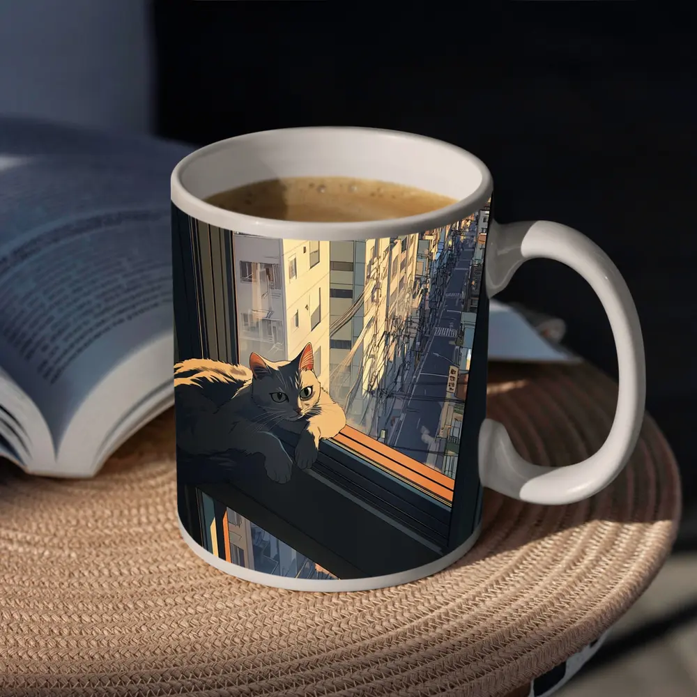 Cat Sitting On Window Sill City View – Mugs