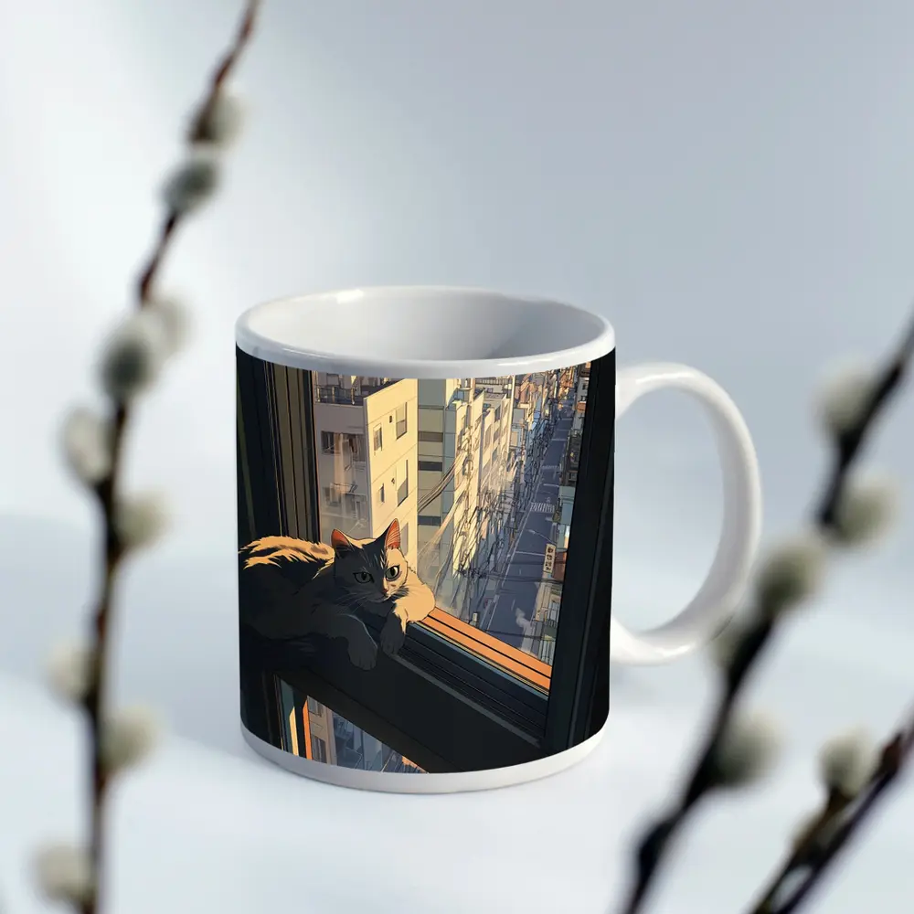 Cat Sitting On Window Sill City View – Mugs