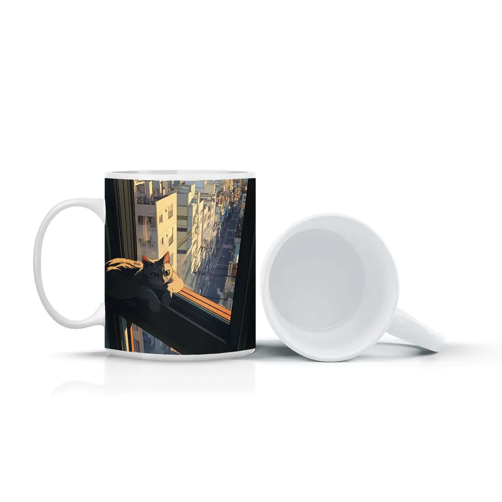 Cat Sitting On Window Sill City View – Mugs