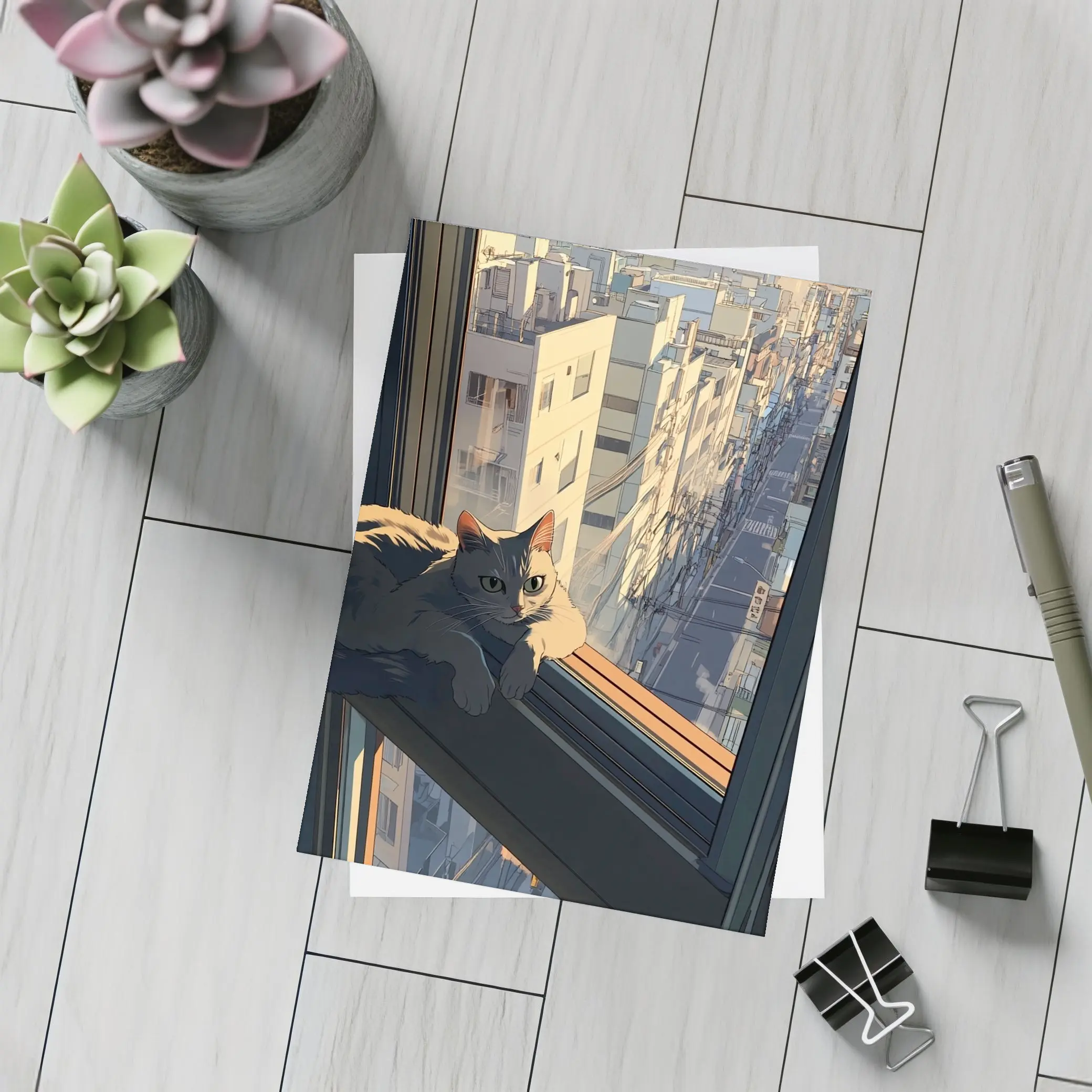 Cat Sitting On Window Sill City View – Postcards