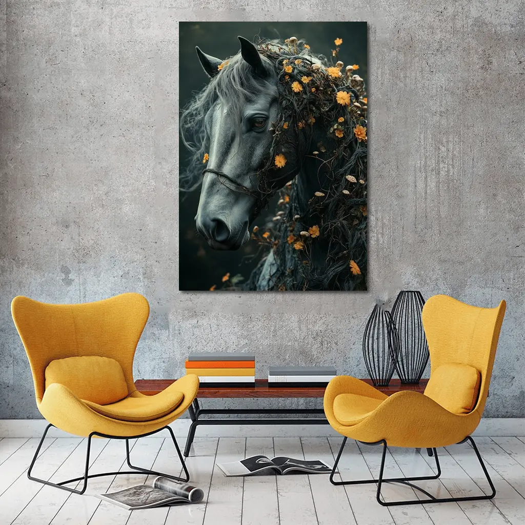 Gray Horse Portrait With Orange Wildflowers – Wall Art