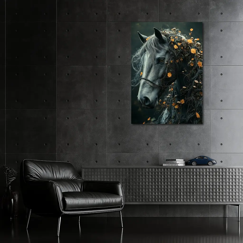 Gray Horse Portrait With Orange Wildflowers – Wall Art