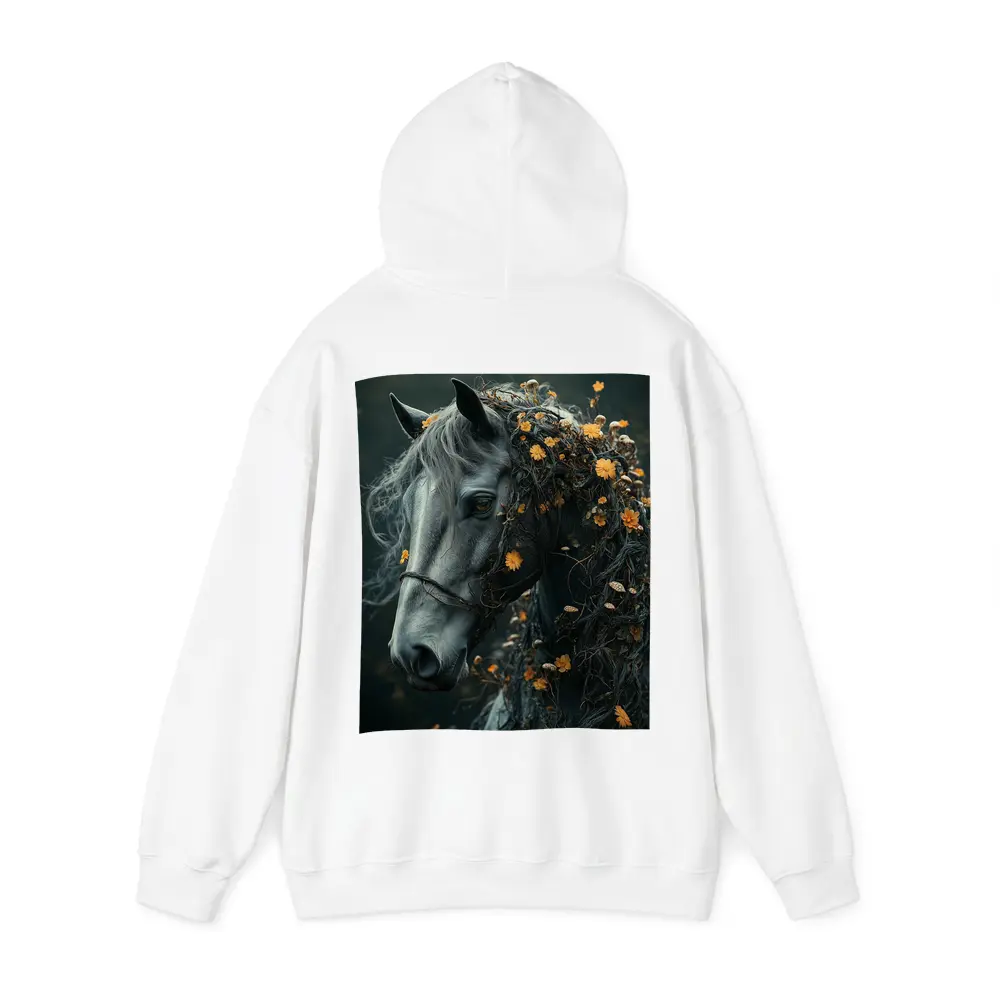 Gray Horse Portrait With Orange Wildflowers – Hoodies