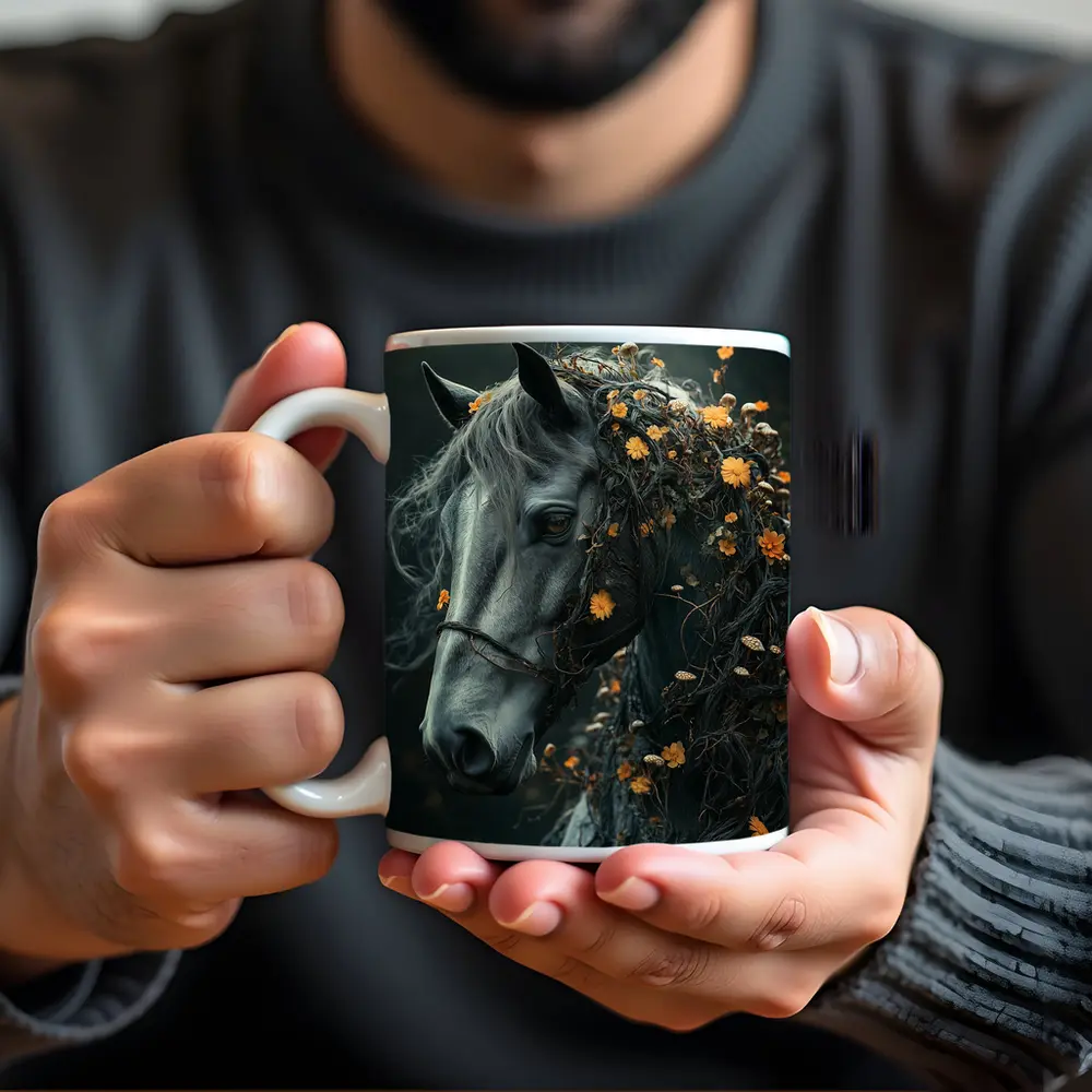 Gray Horse Portrait With Orange Wildflowers – Mugs