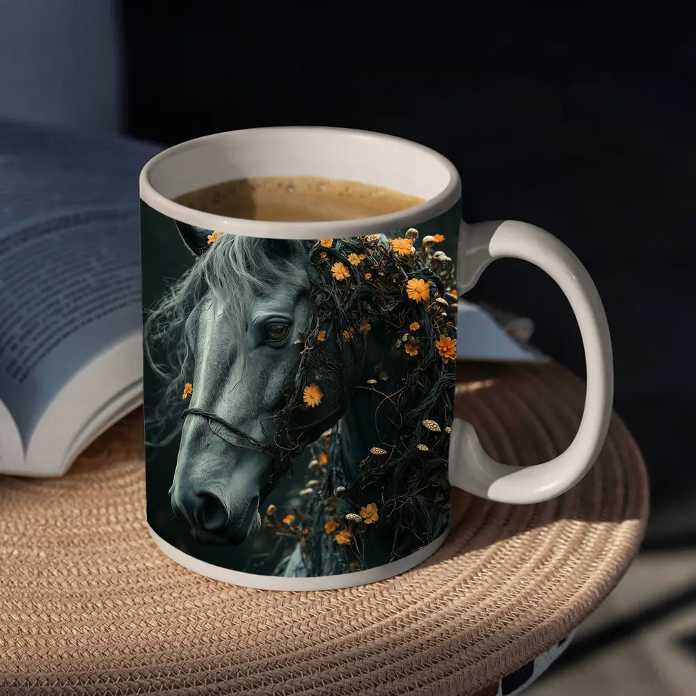 Gray Horse Portrait With Orange Wildflowers – Mugs