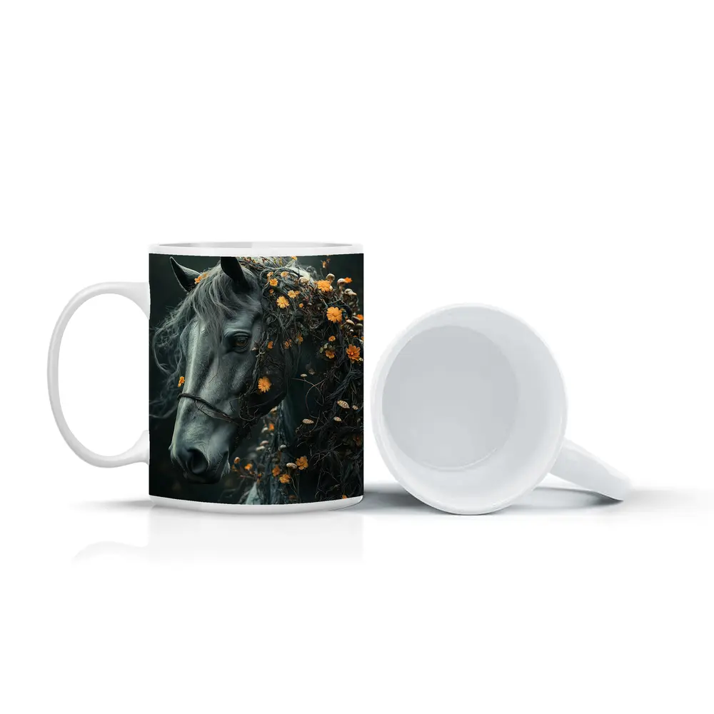 Gray Horse Portrait With Orange Wildflowers – Mugs