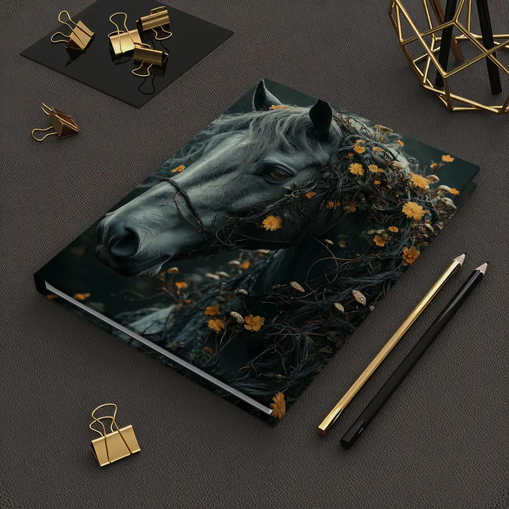 Gray Horse Portrait With Orange Wildflowers – Notebooks