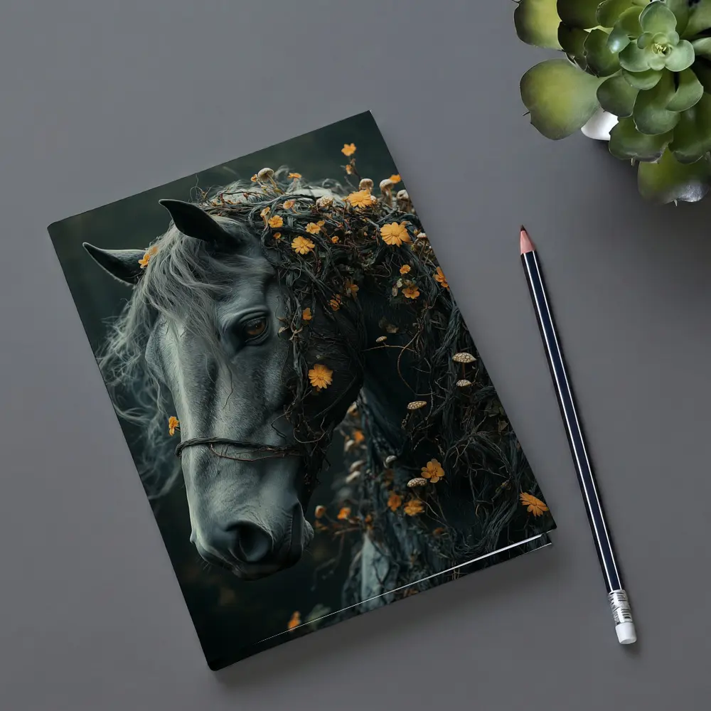 Gray Horse Portrait With Orange Wildflowers – Notebooks