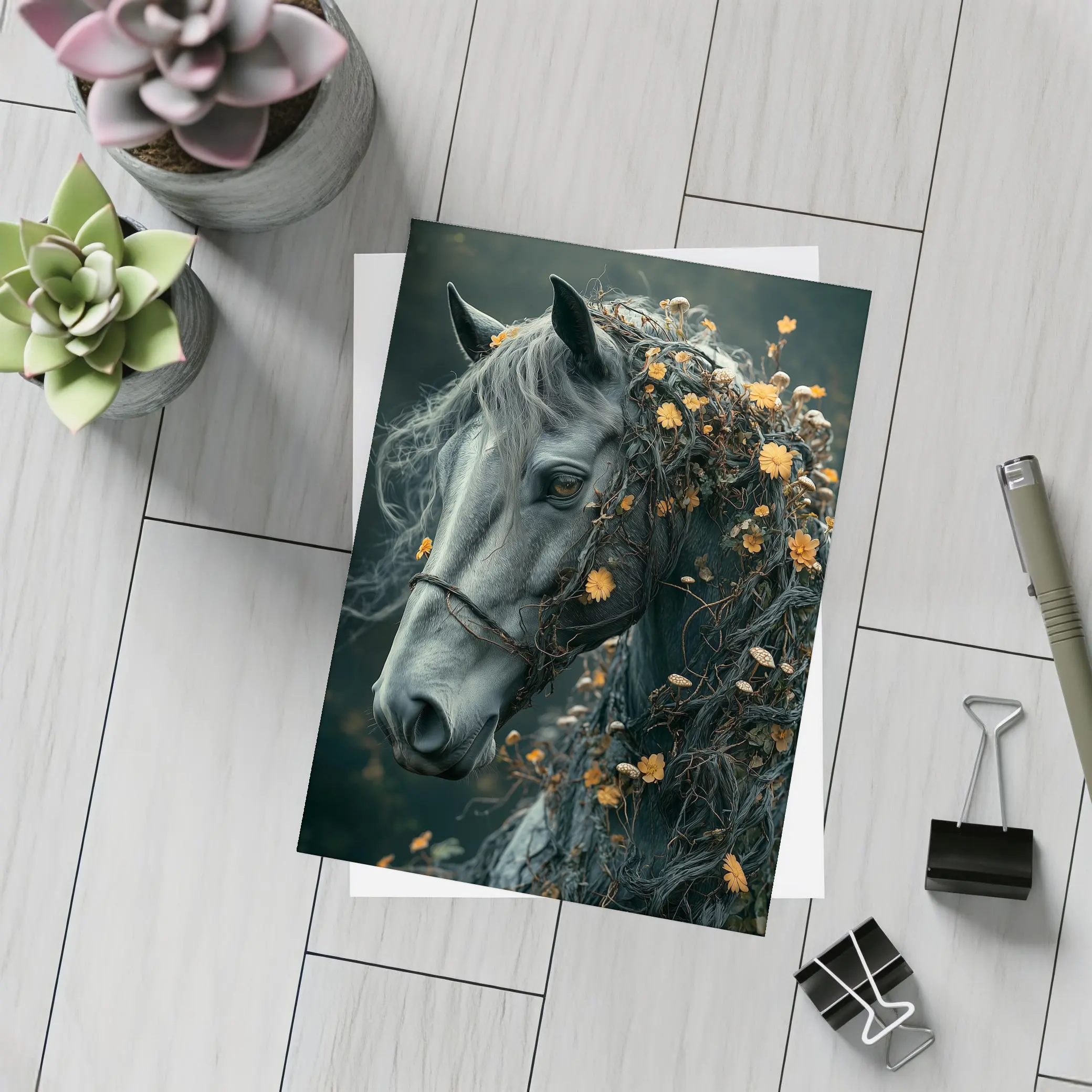 Gray Horse Portrait With Orange Wildflowers – Postcards
