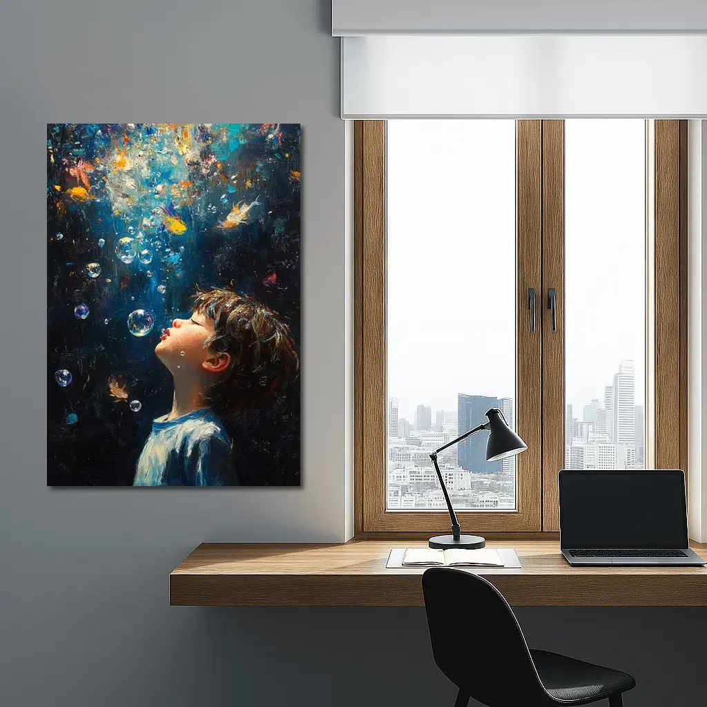 Boy Blowing Bubbles Dark Oil Painting – Wall Art