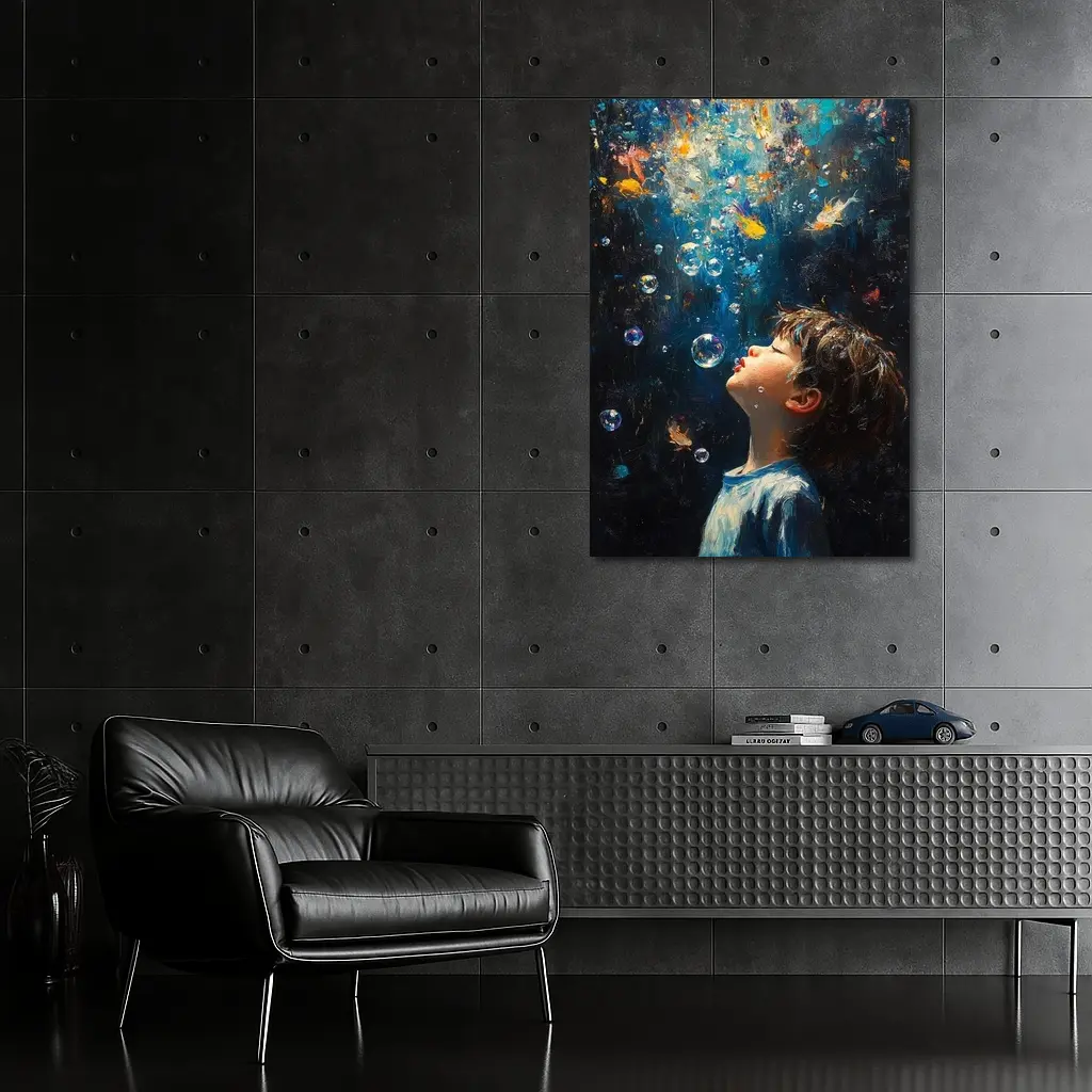 Boy Blowing Bubbles Dark Oil Painting – Wall Art