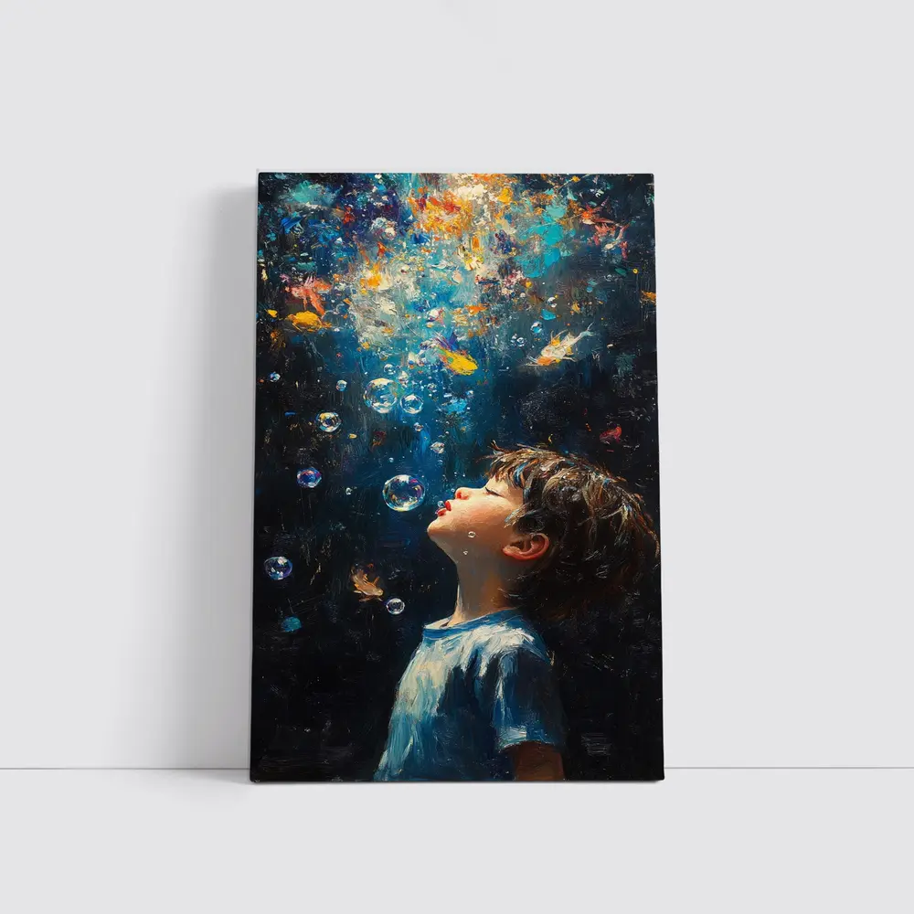 Boy Blowing Bubbles Dark Oil Painting – Wall Art