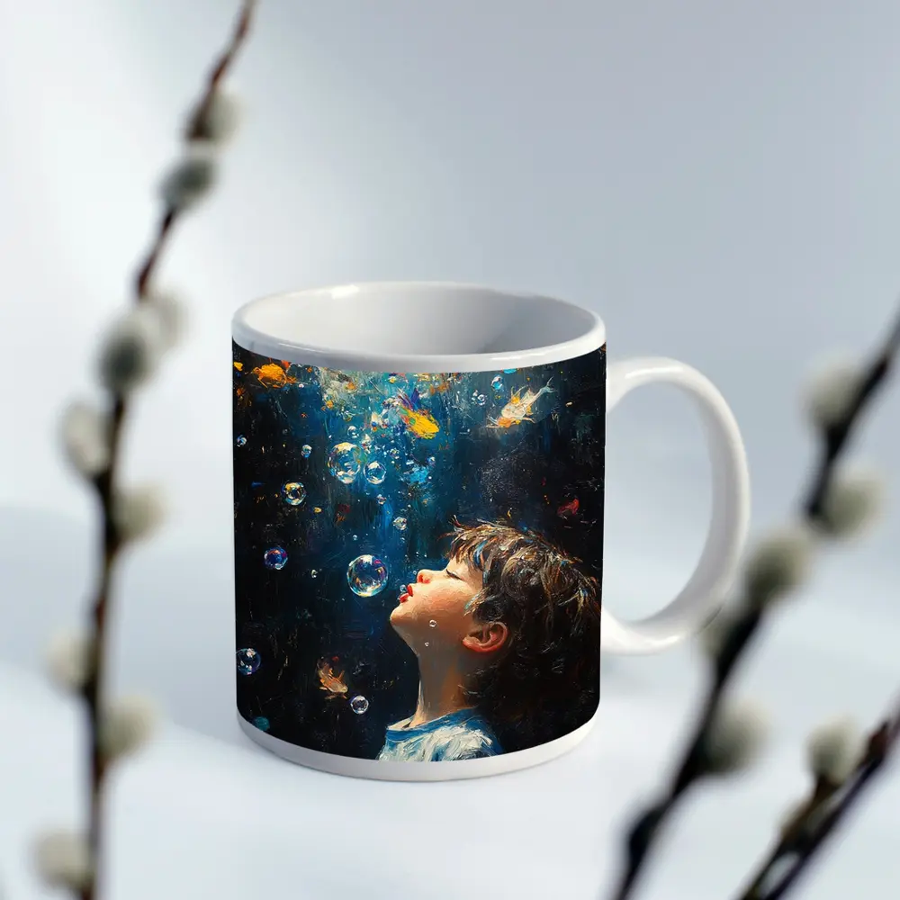 Boy Blowing Bubbles Dark Oil Painting – Mugs