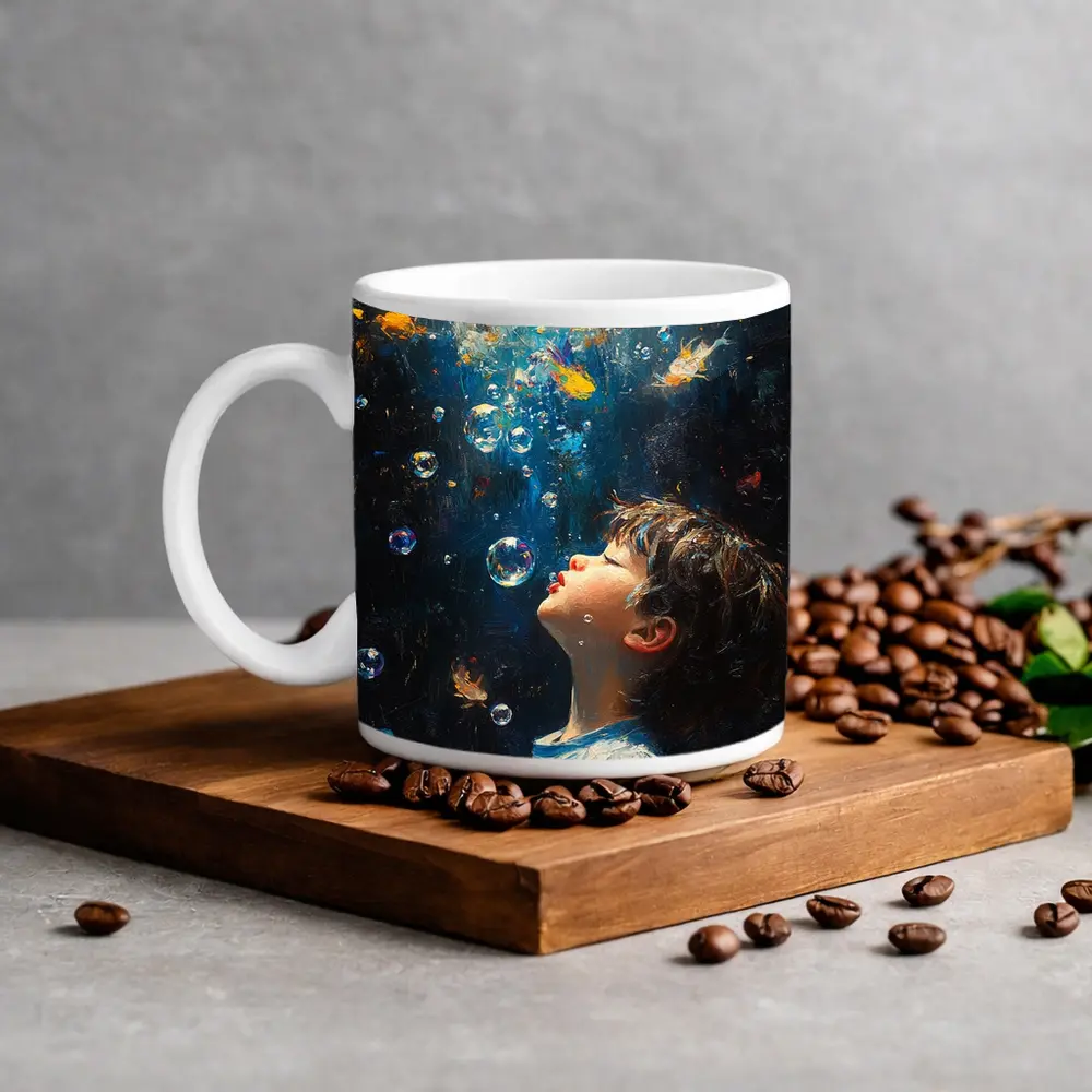 Boy Blowing Bubbles Dark Oil Painting – Mugs