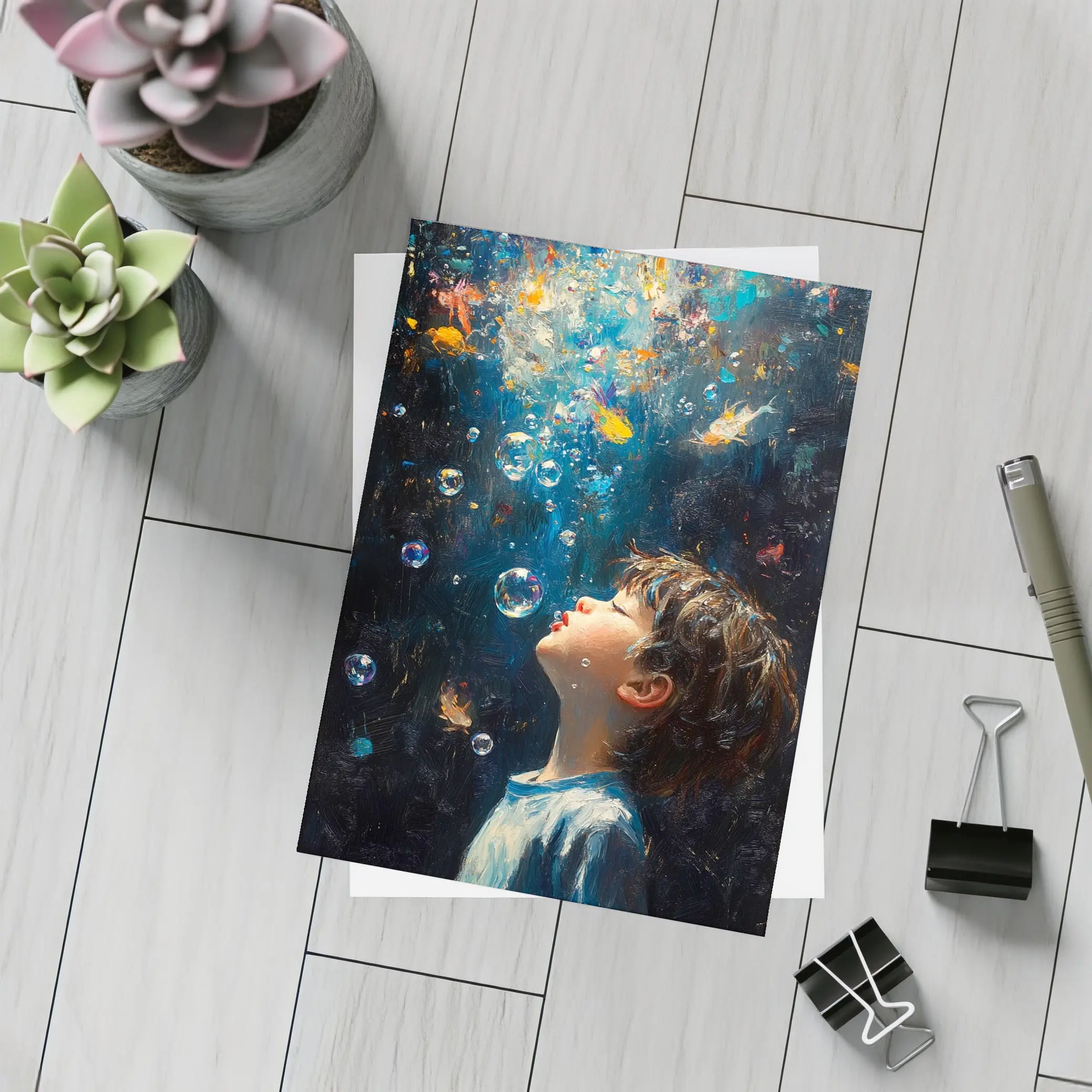 Boy Blowing Bubbles Dark Oil Painting – Postcards