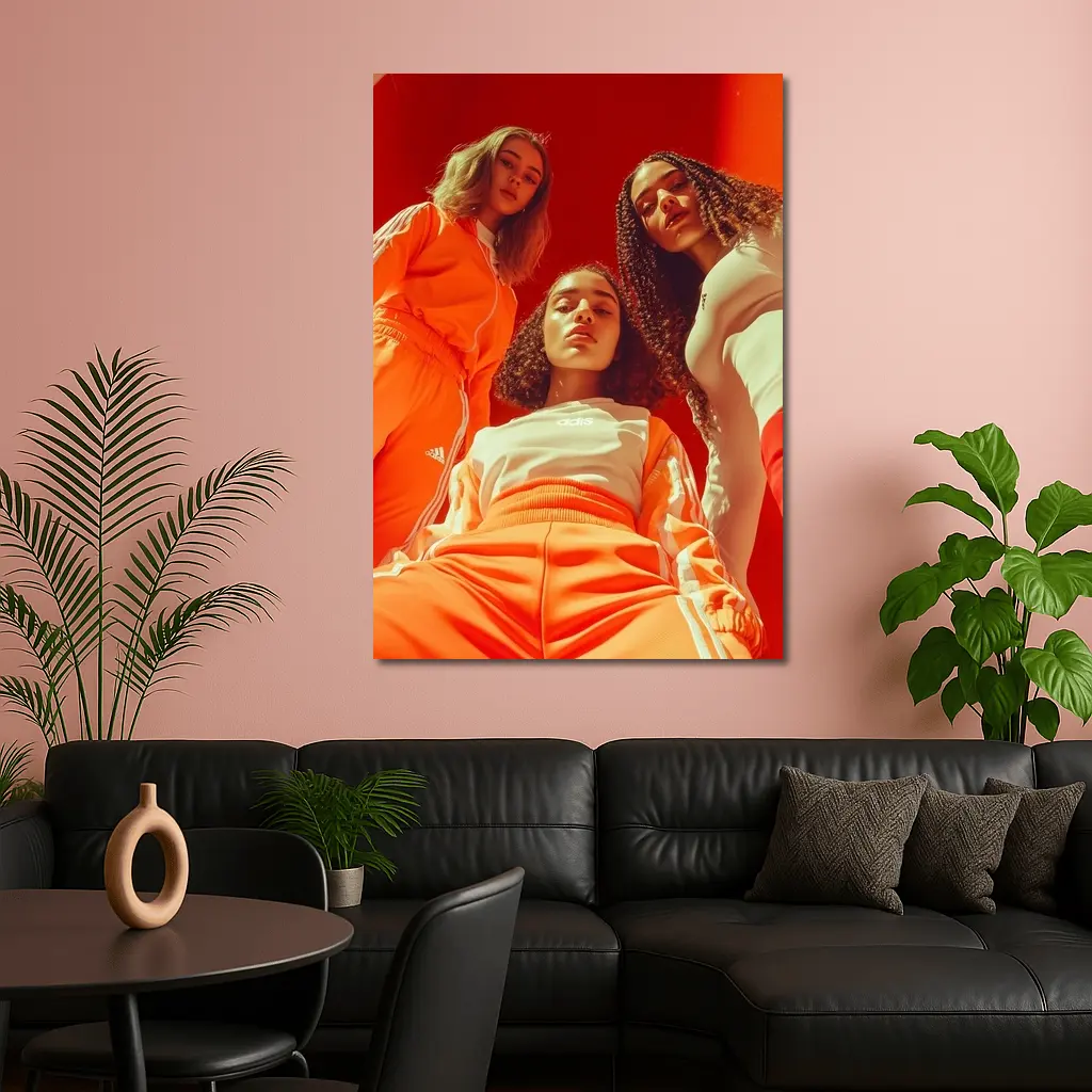 Three Women Adidas Orange Sportswear Red Background – Wall Art
