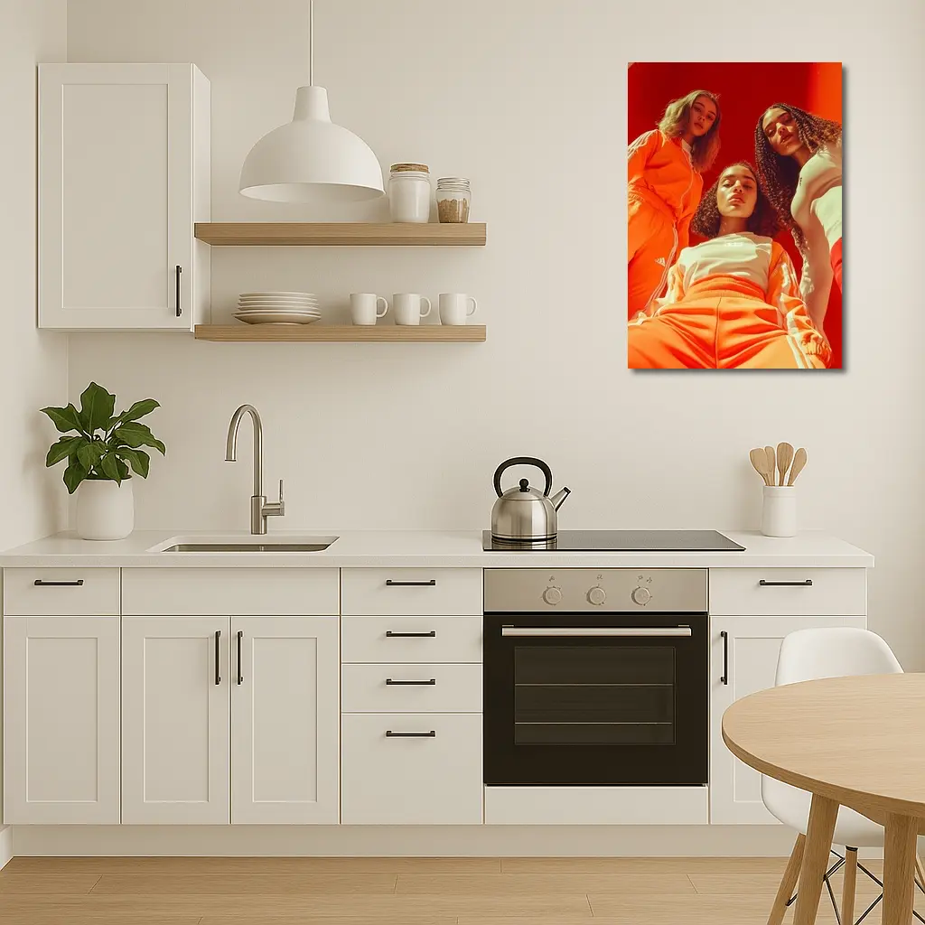 Three Women Adidas Orange Sportswear Red Background – Wall Art