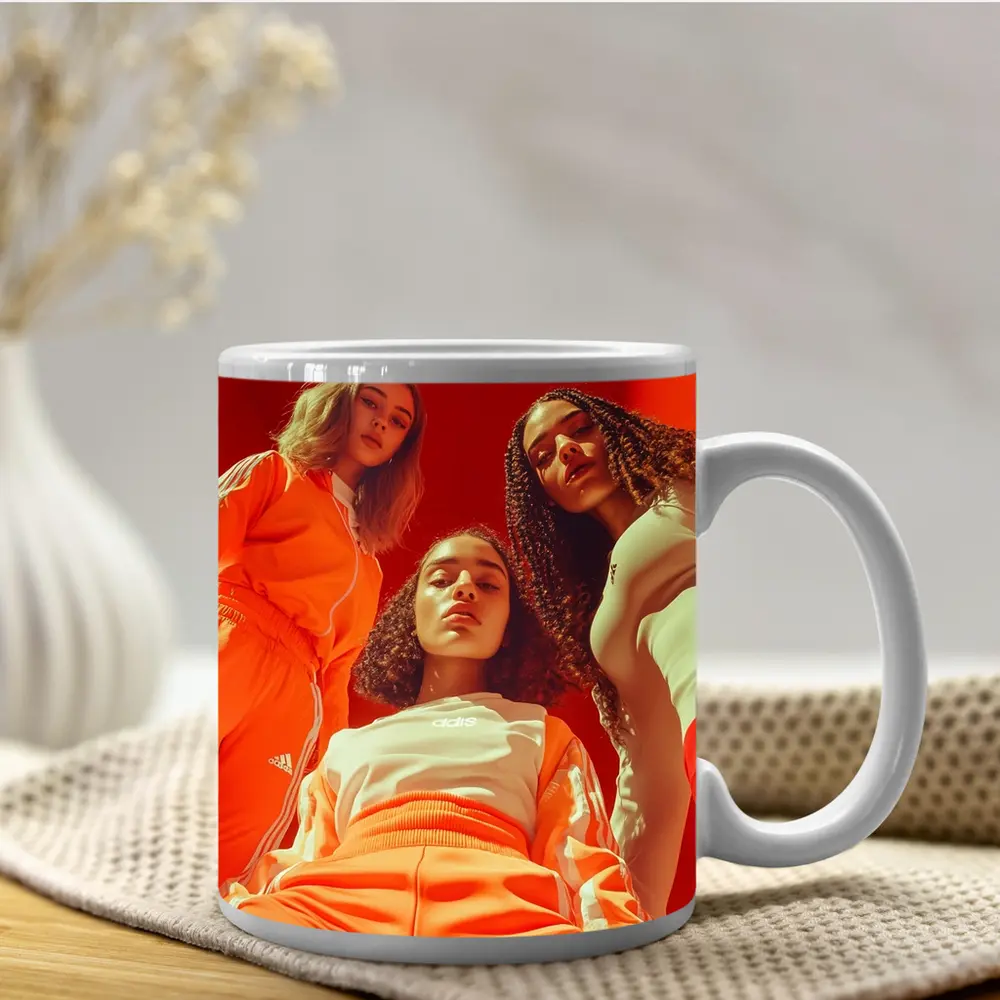 Three Women Adidas Orange Sportswear Red Background – Mugs