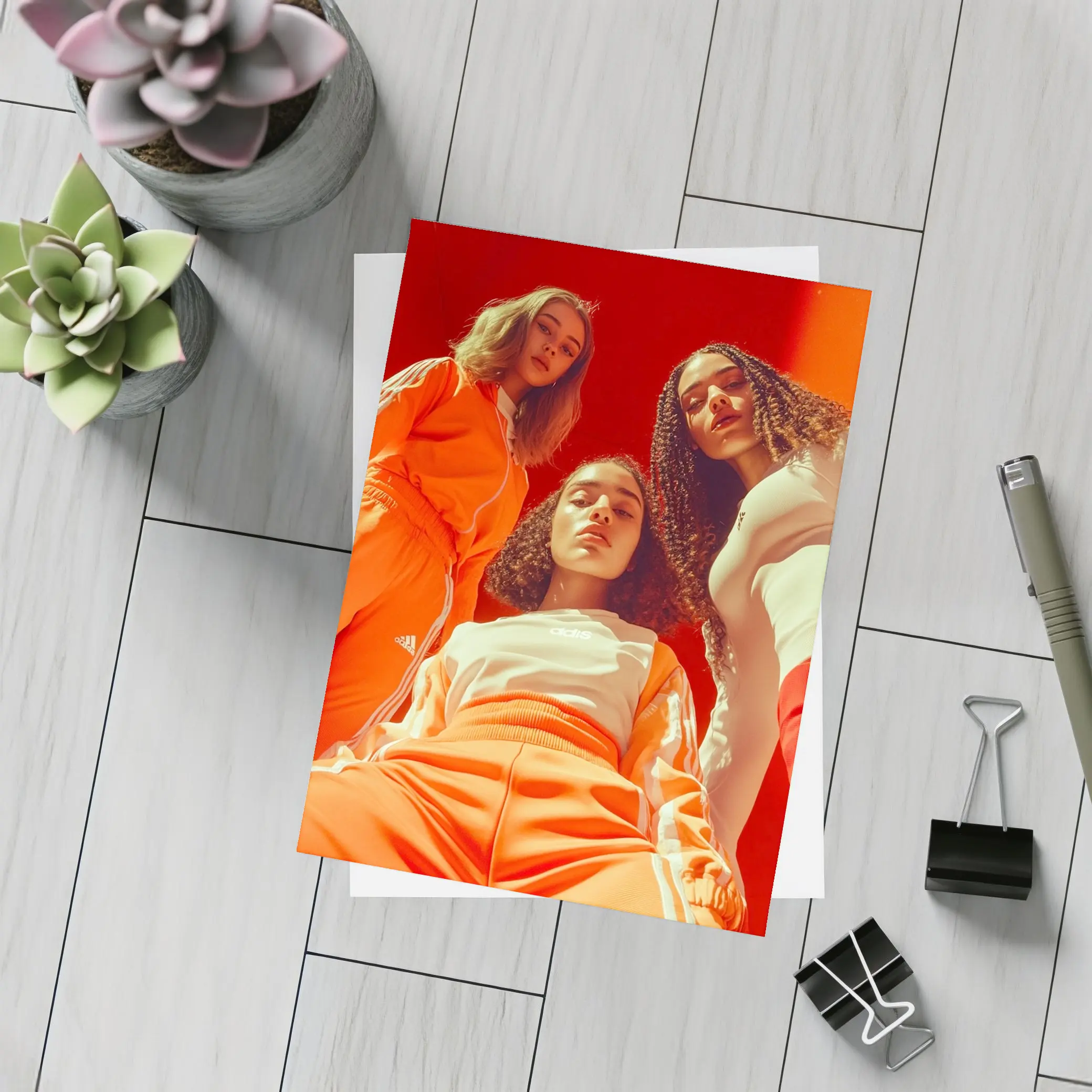 Three Women Adidas Orange Sportswear Red Background – Postcards