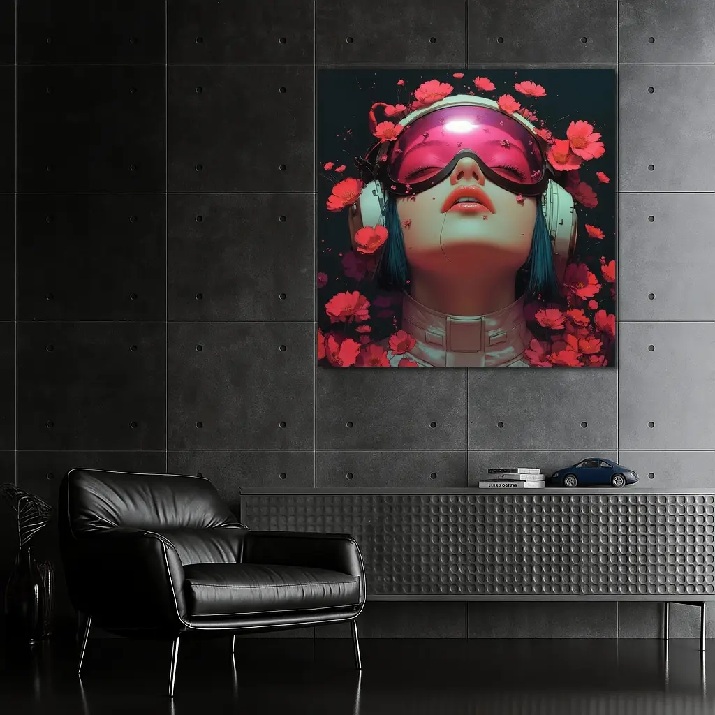 Cyberpunk Girl Blue Hair Red Flowers – Wall Art
