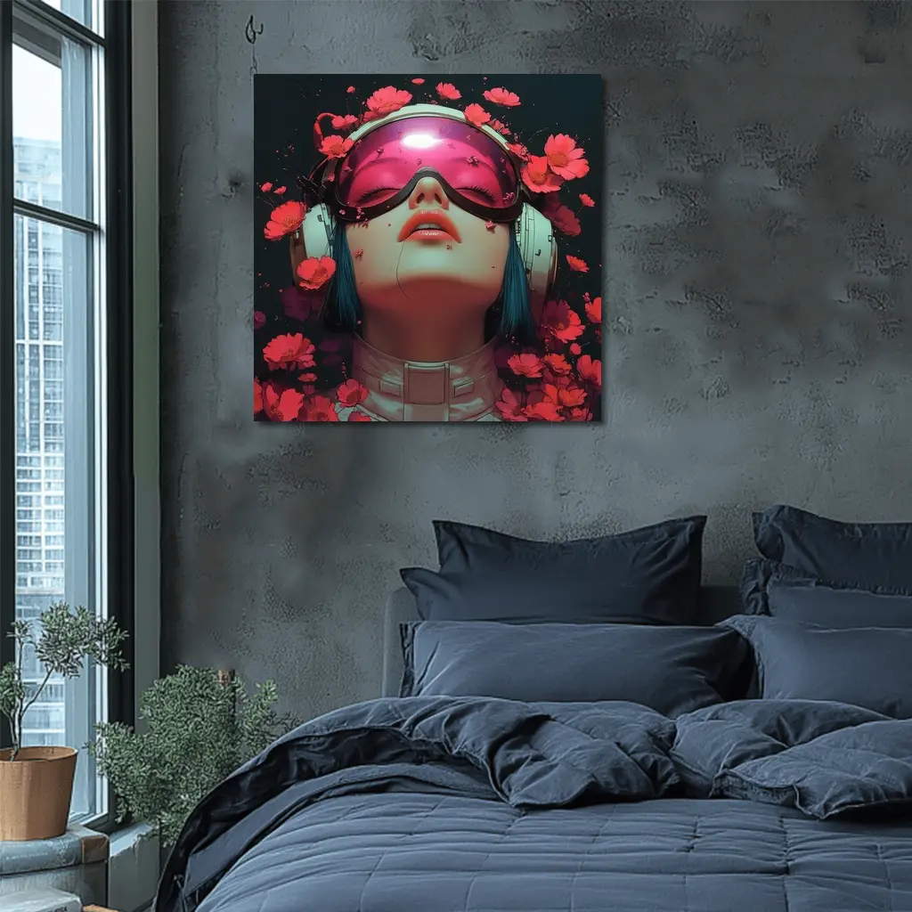 Cyberpunk Girl Blue Hair Red Flowers – Wall Art
